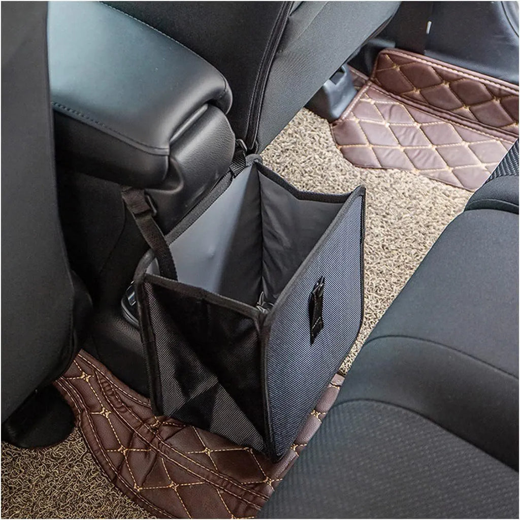 Black car folding trash can with Oxford cloth waterproof construction and hanging design