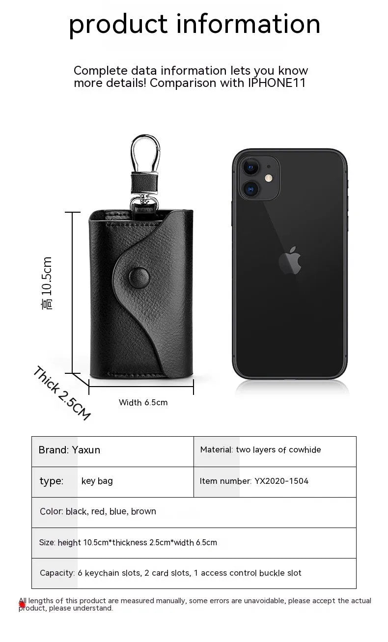 Genuine leather key case in square vertical Korean style with key mapping, shown in black.