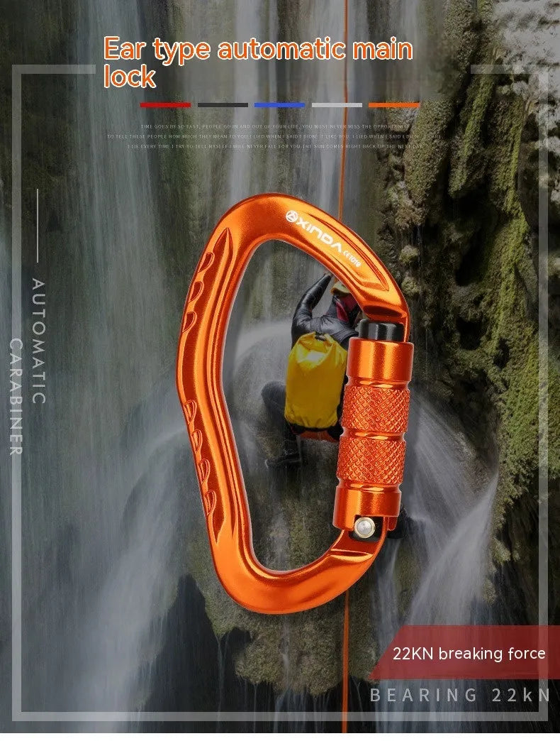 Automatic master lock climbing carabiner hook in silver colour with button mechanism