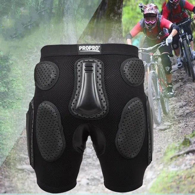Black cycling protective pants with hip pads in sizes S, M, L, XL.