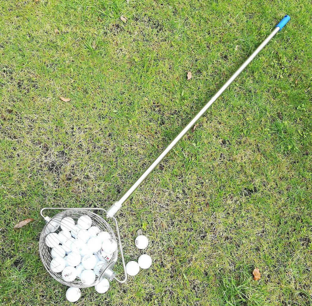 Metallic coloured stainless steel golf ball picker with a long handle