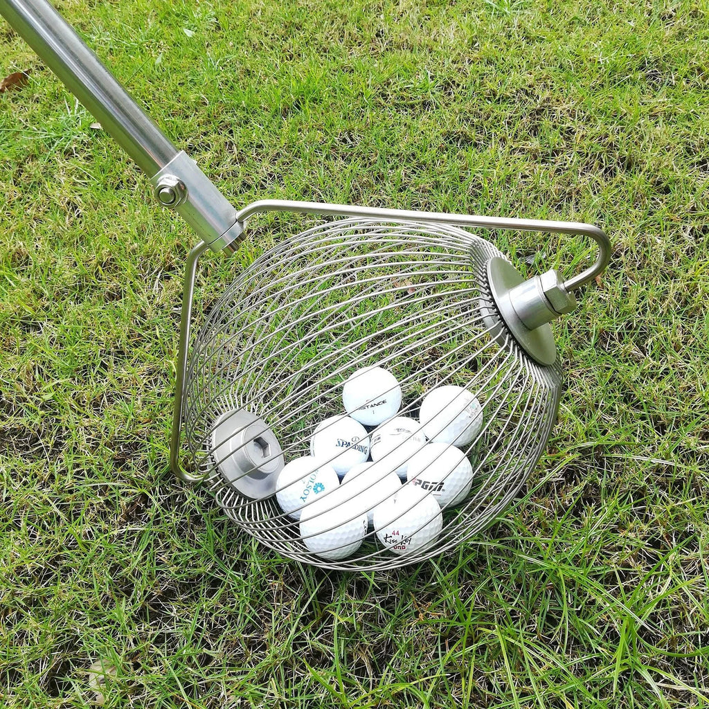 Metallic coloured stainless steel golf ball picker with a long handle