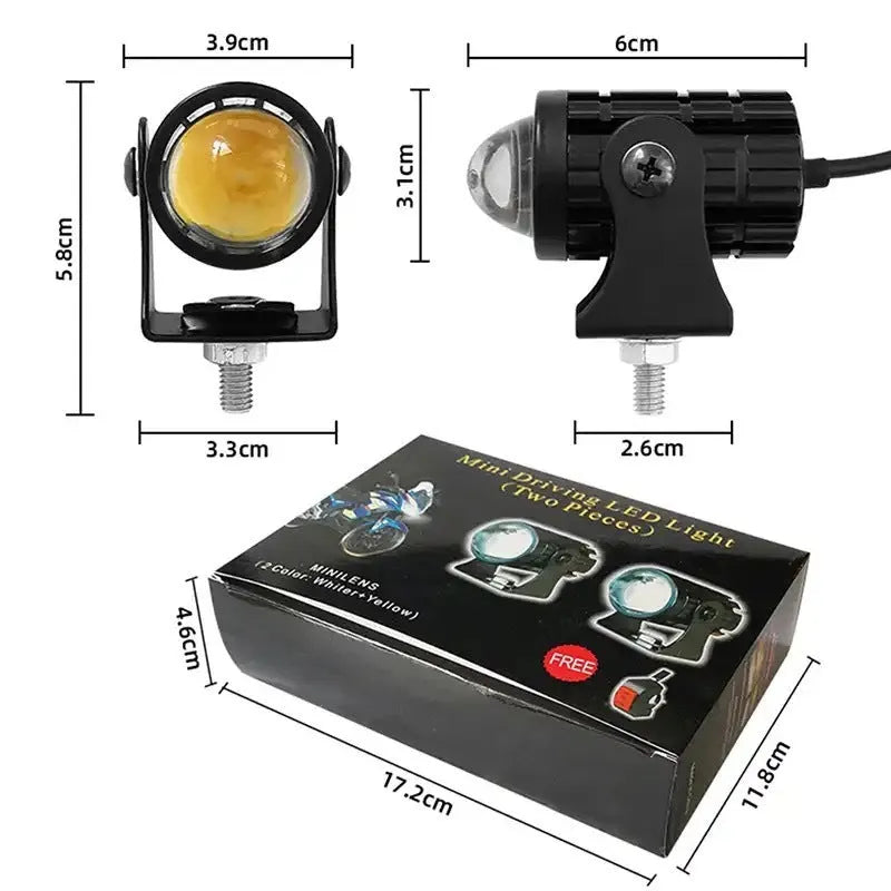 Aluminium and PC motorcycle spotlight with two-colour lens for 12V-80V electric vehicles.