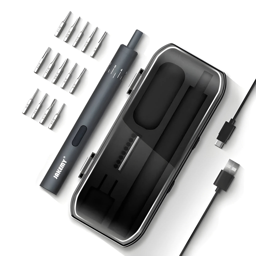 Black pen-style mini electric screwdriver with aluminium casing and micro USB charging port.