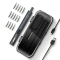Black pen-style mini electric screwdriver with aluminium casing and micro USB charging port.