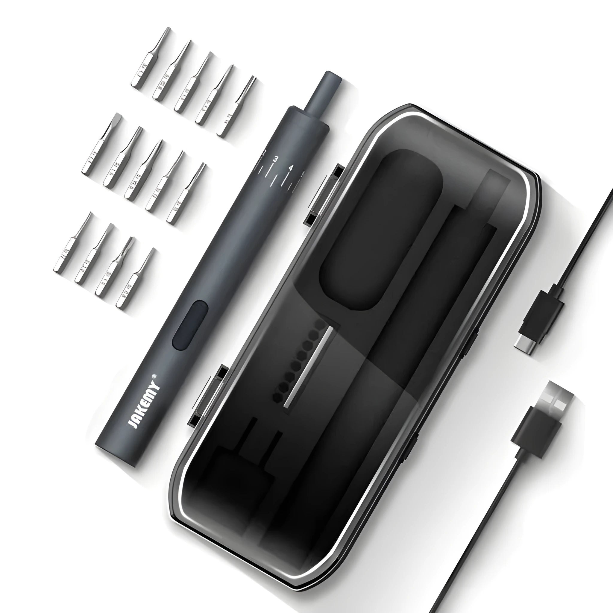 Black pen-style mini electric screwdriver with aluminium casing and micro USB charging port.