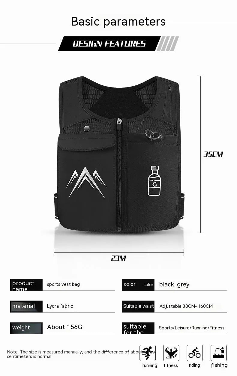 Black breathable mesh running vest with integrated hydration pack and front phone pocket for outdoor sports.