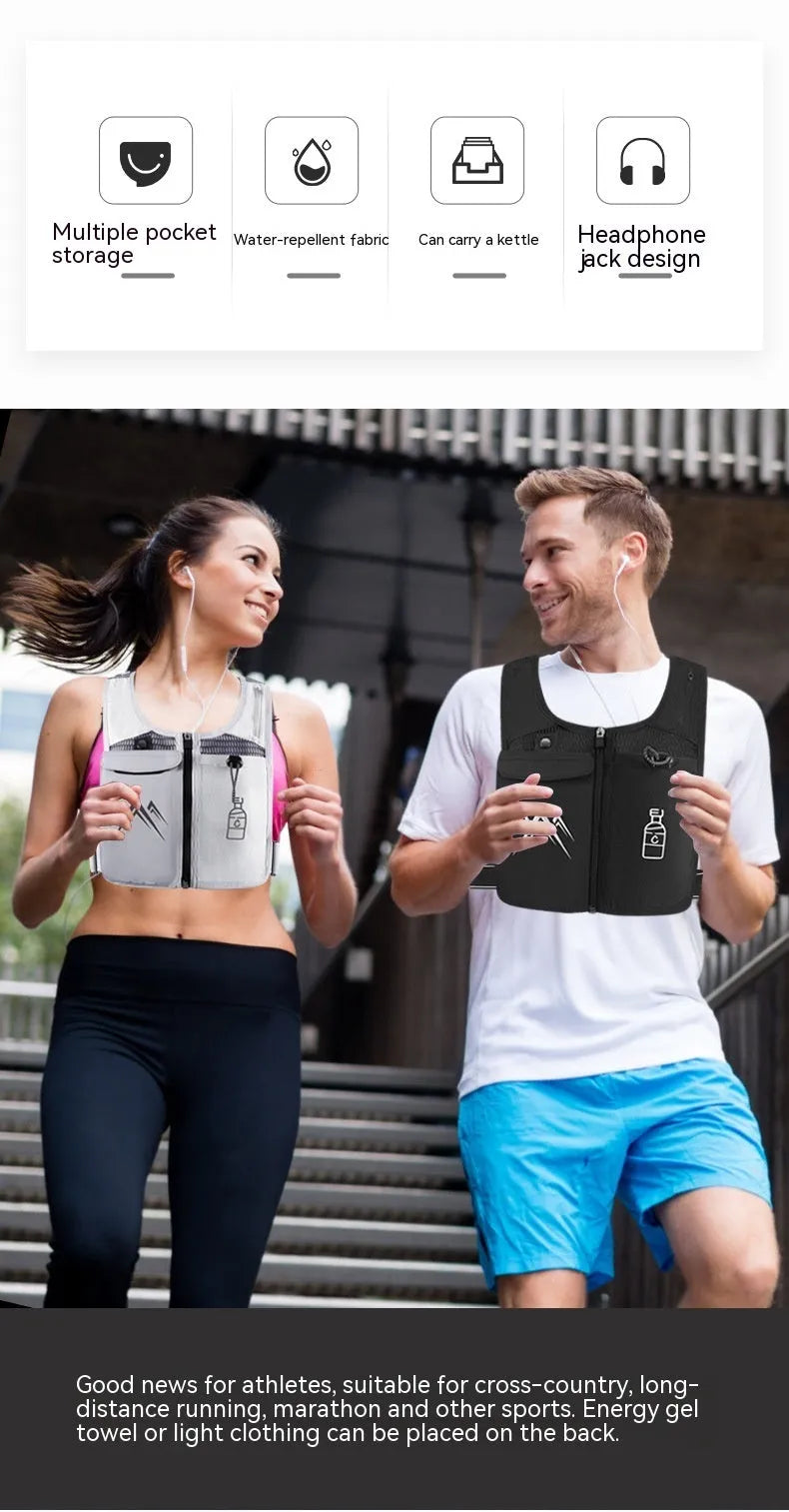 Black breathable mesh running vest with integrated hydration pack and front phone pocket for outdoor sports.