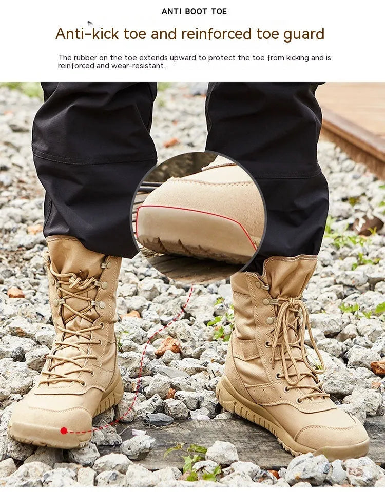 Yulong summer tactical desert combat boots in black or sand colour on an outdoor rocky terrain.
