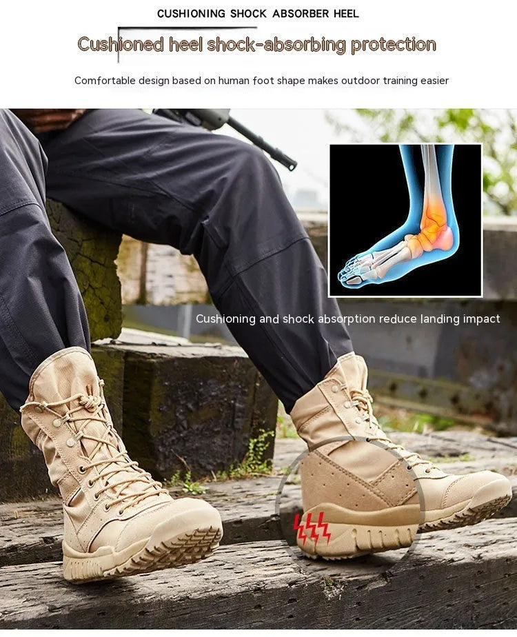 Yulong summer tactical desert combat boots in black or sand colour on an outdoor rocky terrain.