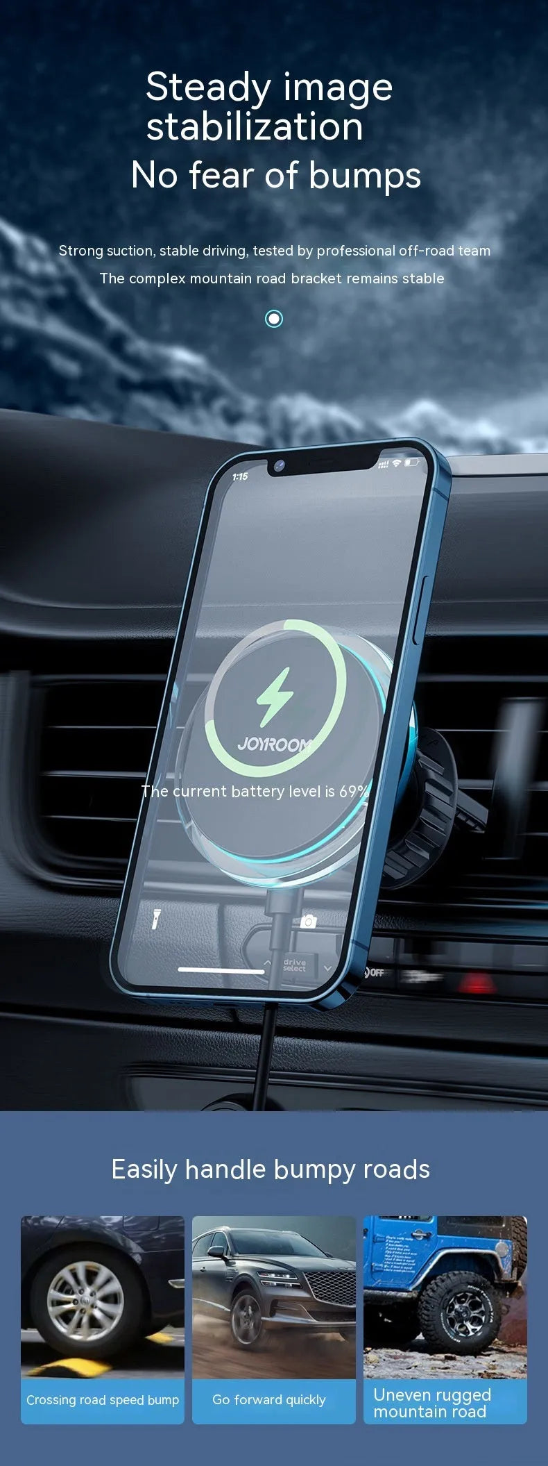 Black magnetic wireless charging phone holder mounted on a car air vent.