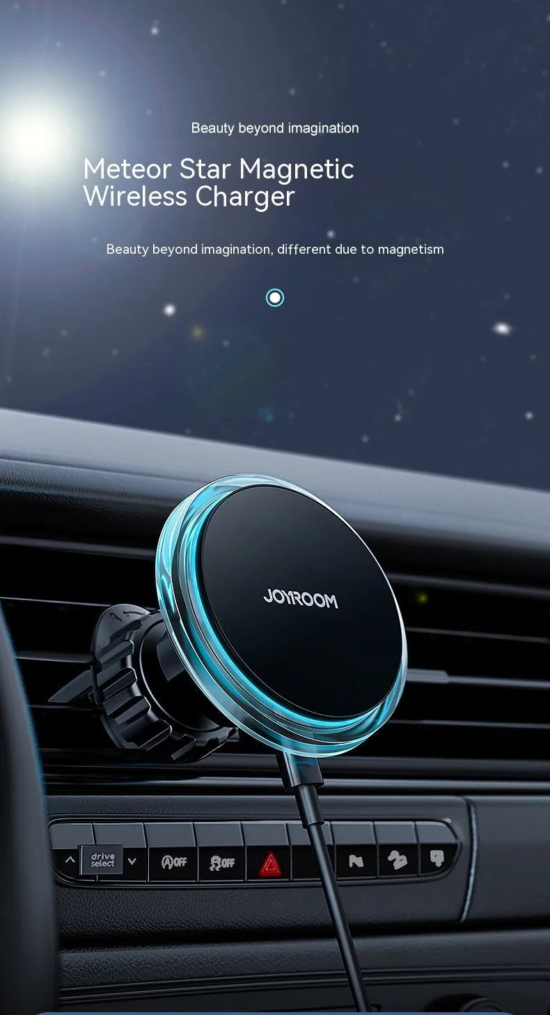Black magnetic wireless charging phone holder mounted on a car air vent.