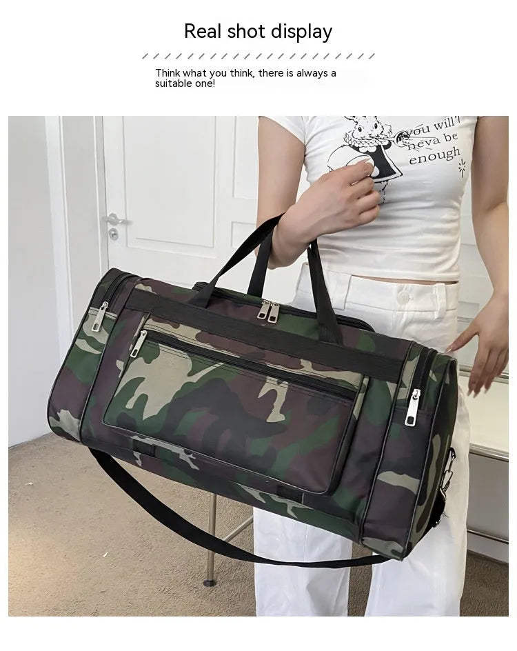 Large camouflage-coloured luggage bag made from waterproof fabric with striped lining.