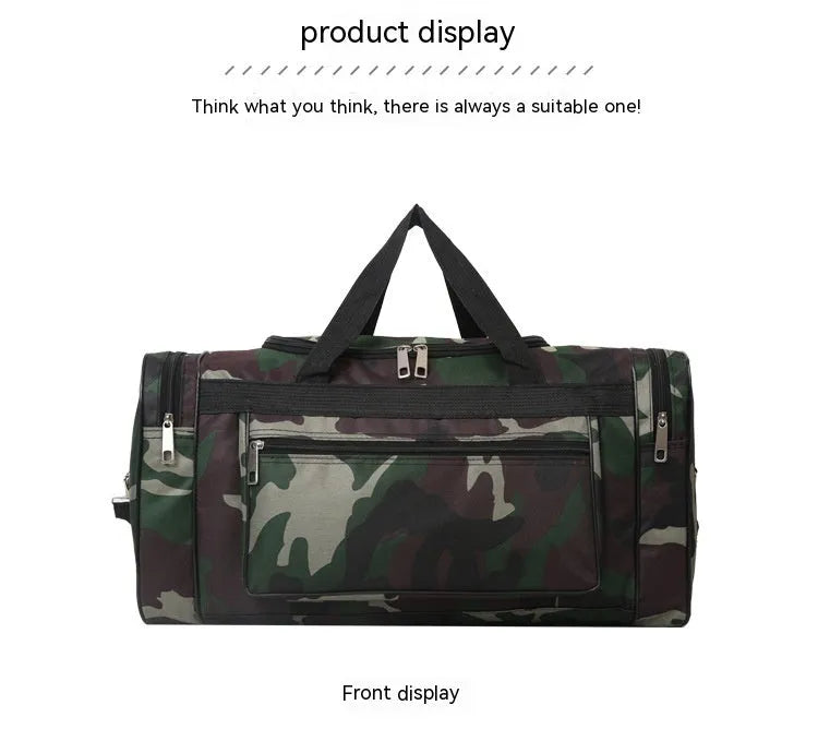 Large camouflage-coloured luggage bag made from waterproof fabric with striped lining.