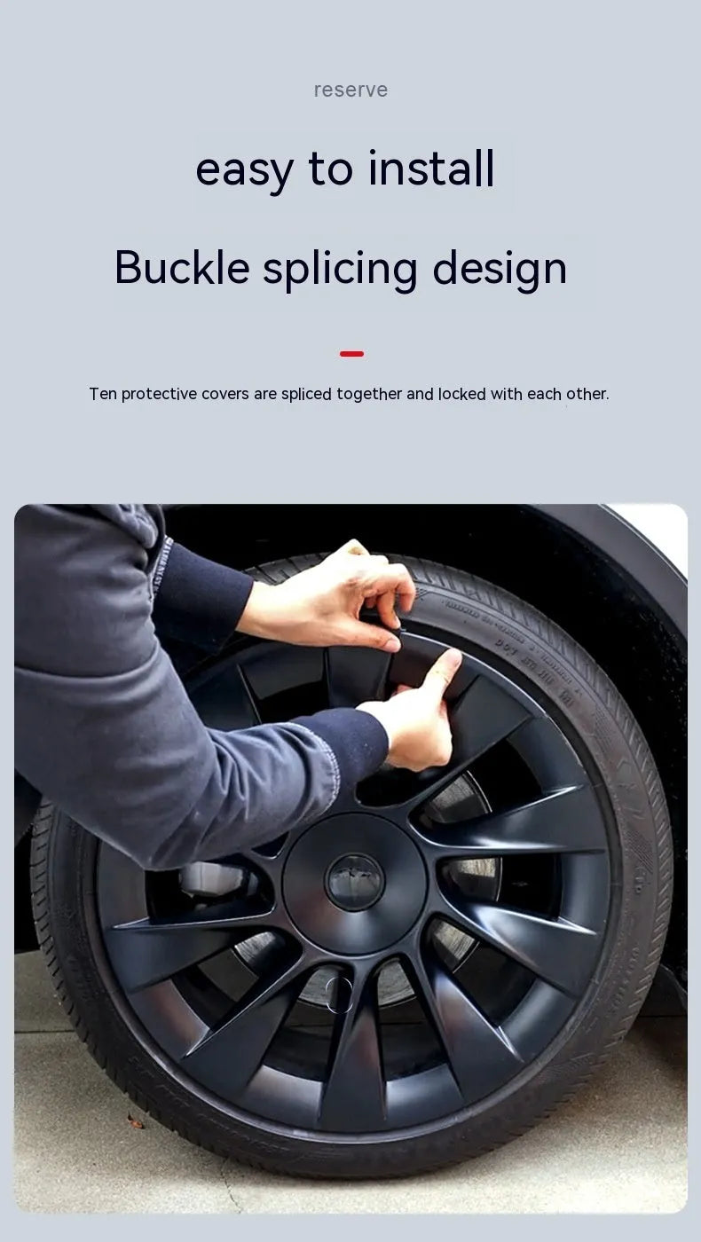 Set of four plastic wheel hub covers for a Tesla Model Y, showing black, white, red, and carbon fibre pattern options.