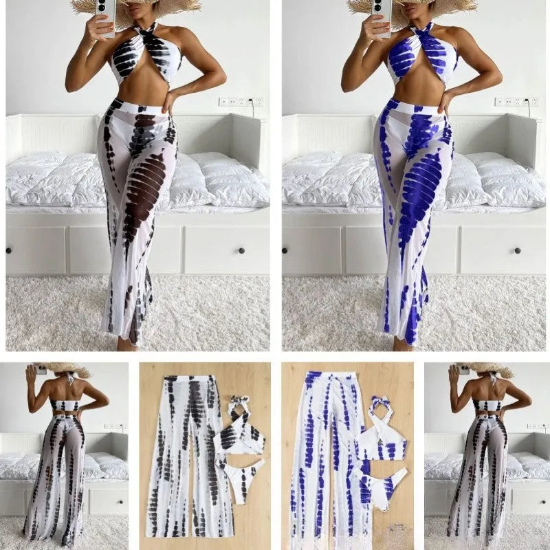 Three-piece women's bikini swimsuit set with mesh trousers in black or blue printing