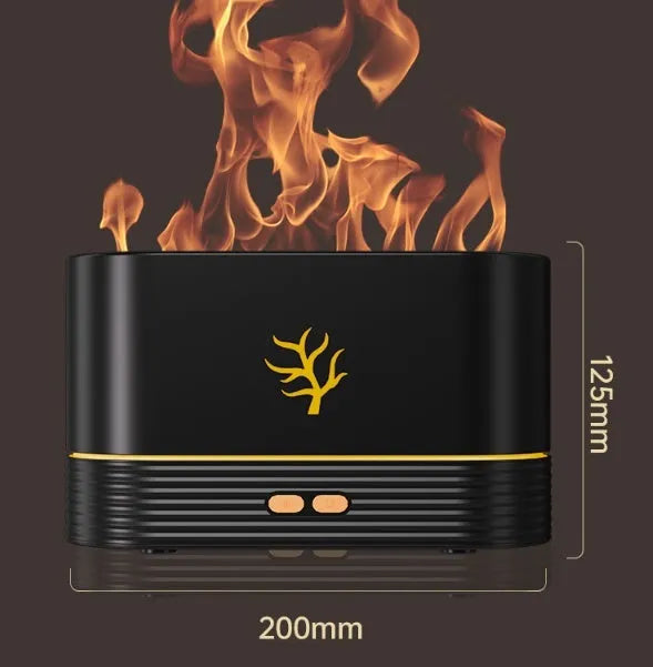Square-shaped USB flame humidifier with LED aroma diffuser in white or black colour creating realistic fire effects