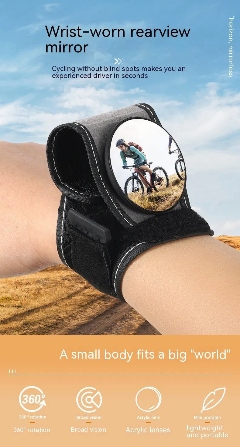 Black nylon bicycle rear-view mirror with wrist-style handlebar mount for cycling safety