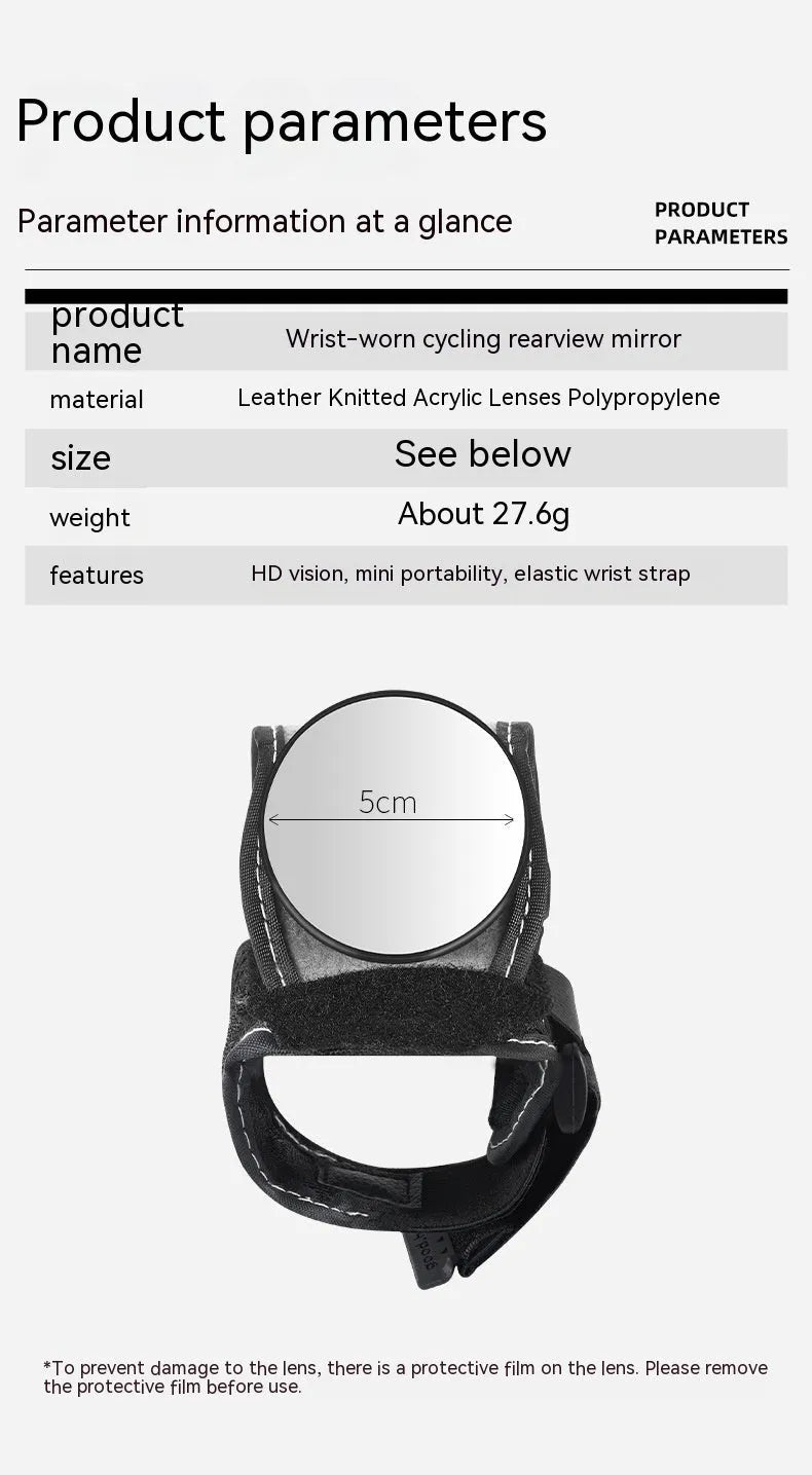 Black nylon bicycle rear-view mirror with wrist-style handlebar mount for cycling safety
