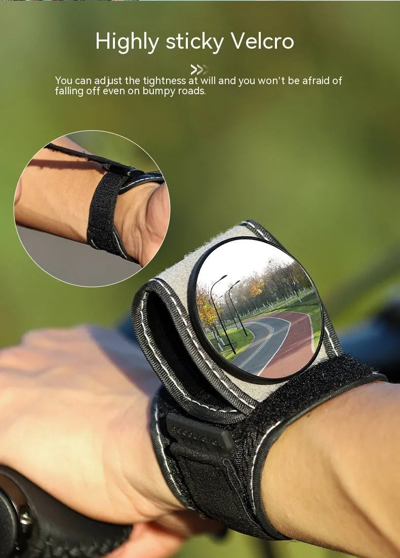 Black nylon bicycle rear-view mirror with wrist-style handlebar mount for cycling safety