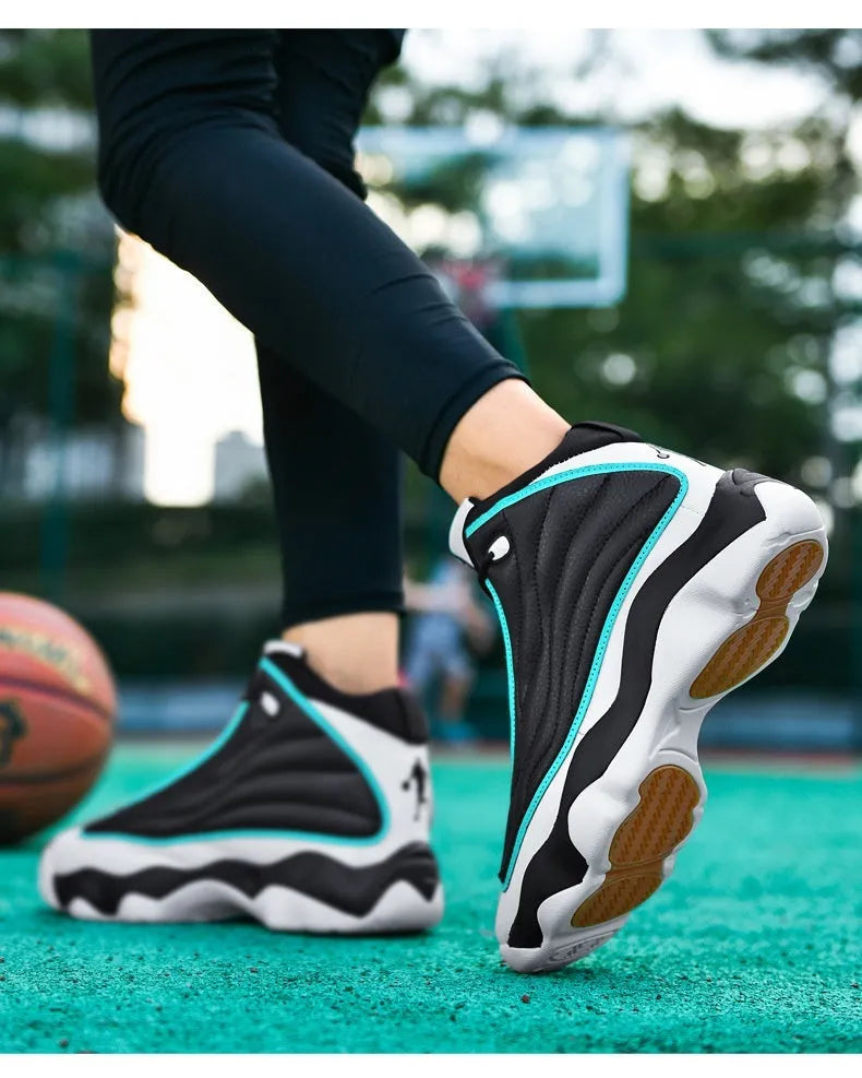 High-top basketball shoe in white and red with mesh upper, thick rubber sole, and lace-up front.