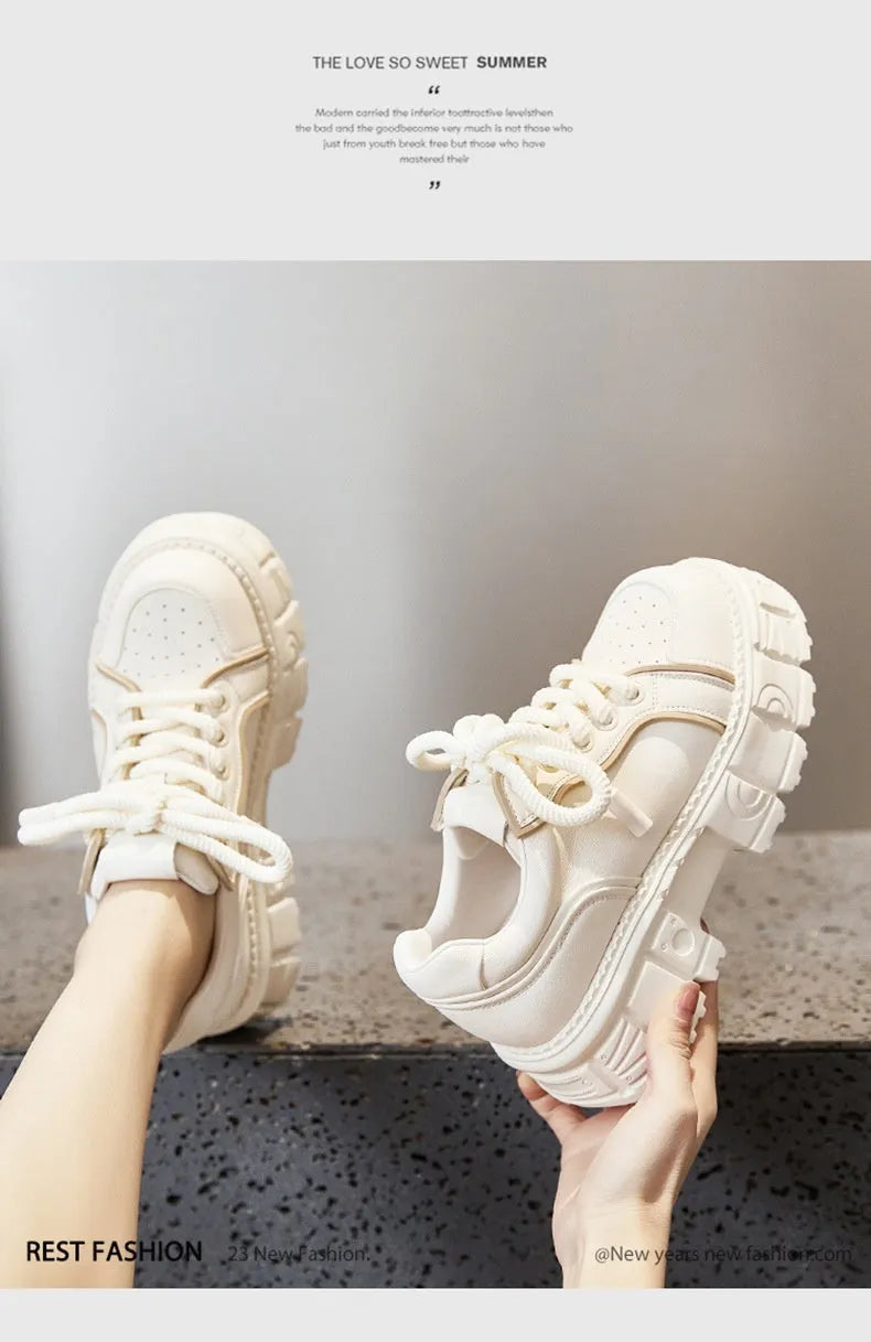 Beige and pink women's casual leather shoes with a spring muffin bottom design.