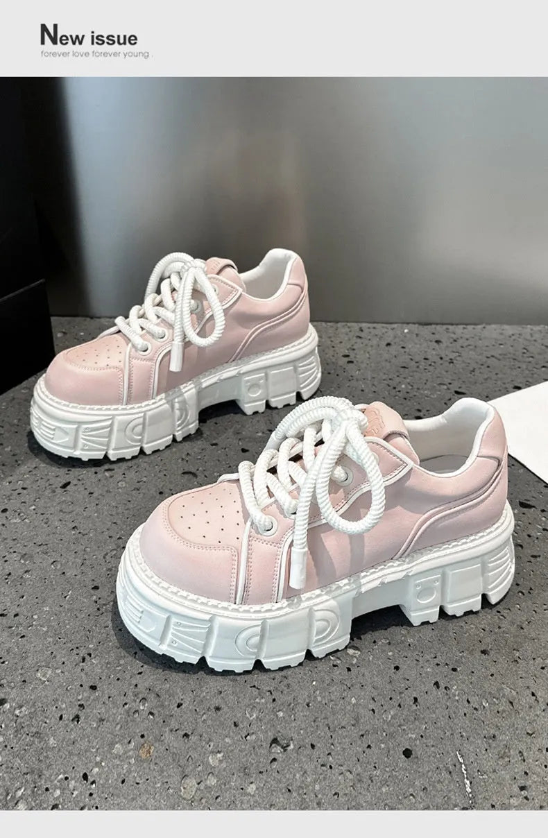 Beige and pink women's casual leather shoes with a spring muffin bottom design.