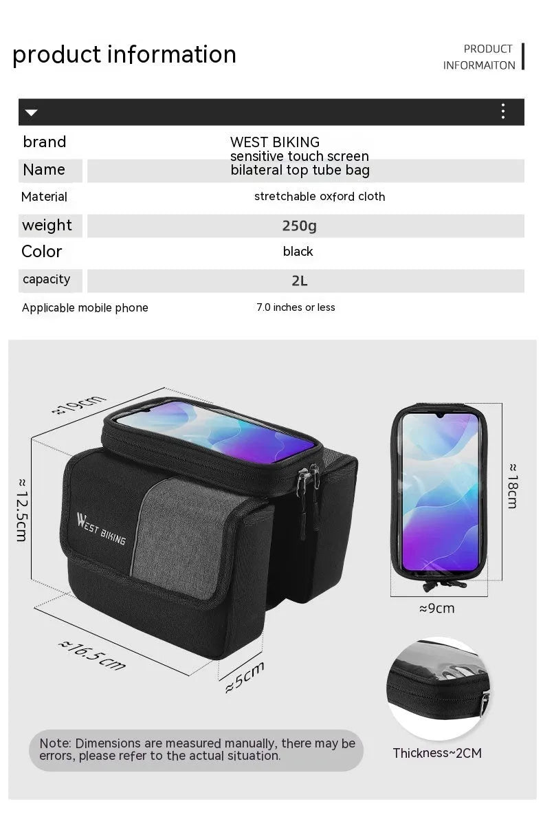 Black and grey Oxford cloth saddle bag with bilateral tube touch screen access and 2L capacity