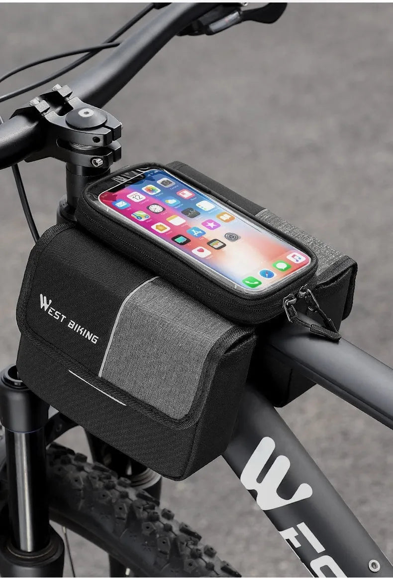Black and grey Oxford cloth saddle bag with bilateral tube touch screen access and 2L capacity