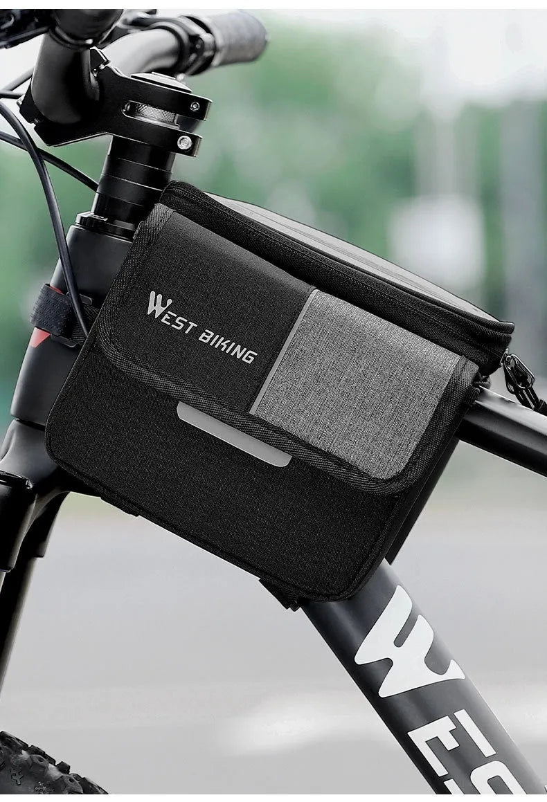 Black and grey Oxford cloth saddle bag with bilateral tube touch screen access and 2L capacity