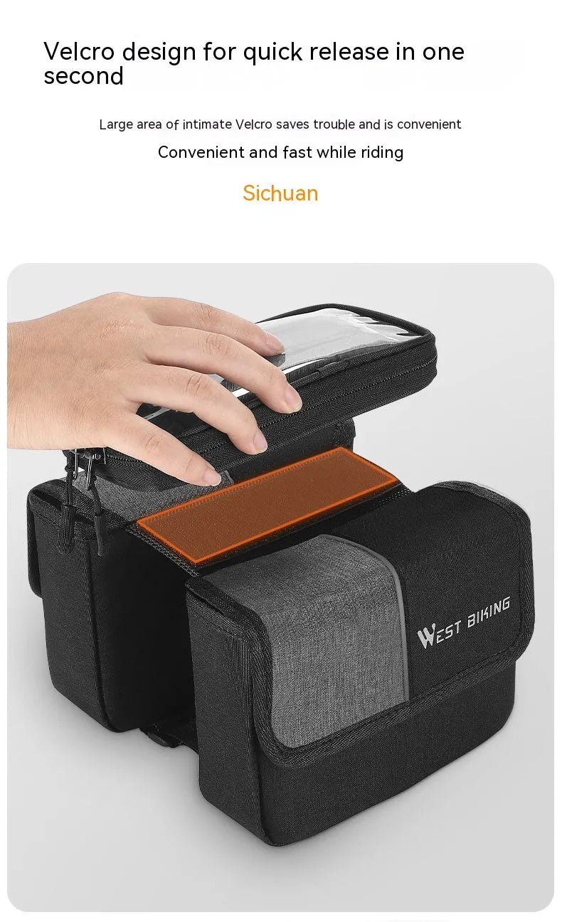 Black and grey Oxford cloth saddle bag with bilateral tube touch screen access and 2L capacity