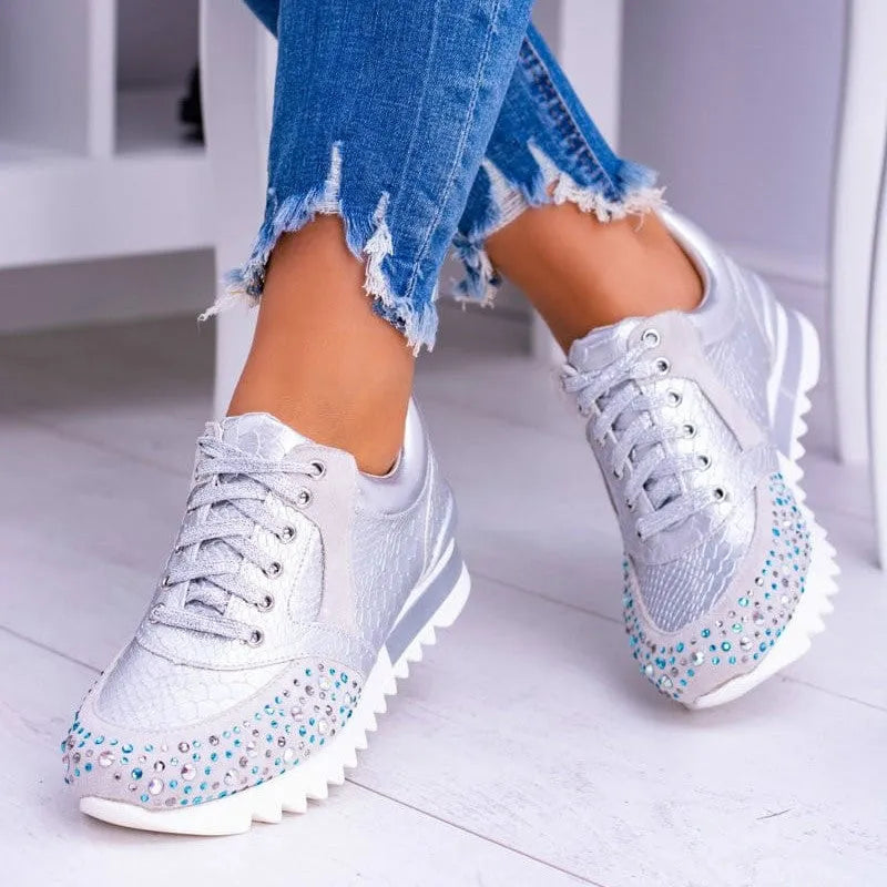 Plus size women's sports running shoes with rhinestone decoration, solid colour artificial PU upper, lace-up front, low wedge heel, black