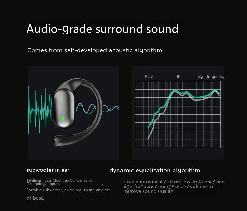 Bone conduction sports headset in black with ear hook design and digital battery display