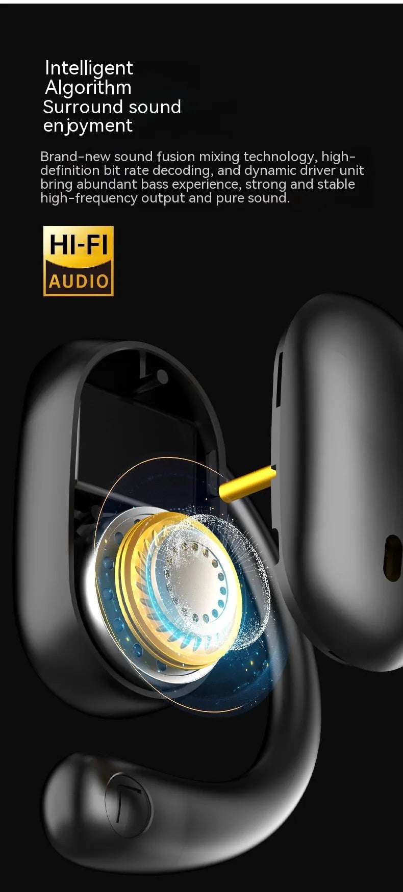 Bone conduction sports headset in black with ear hook design and digital battery display