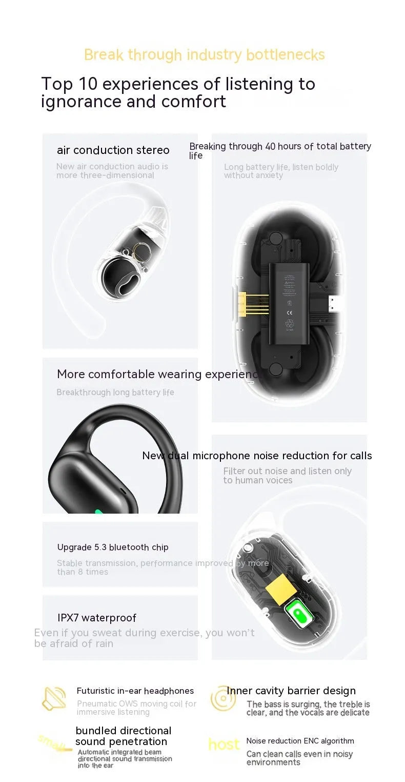 Bone conduction sports headset in black with ear hook design and digital battery display