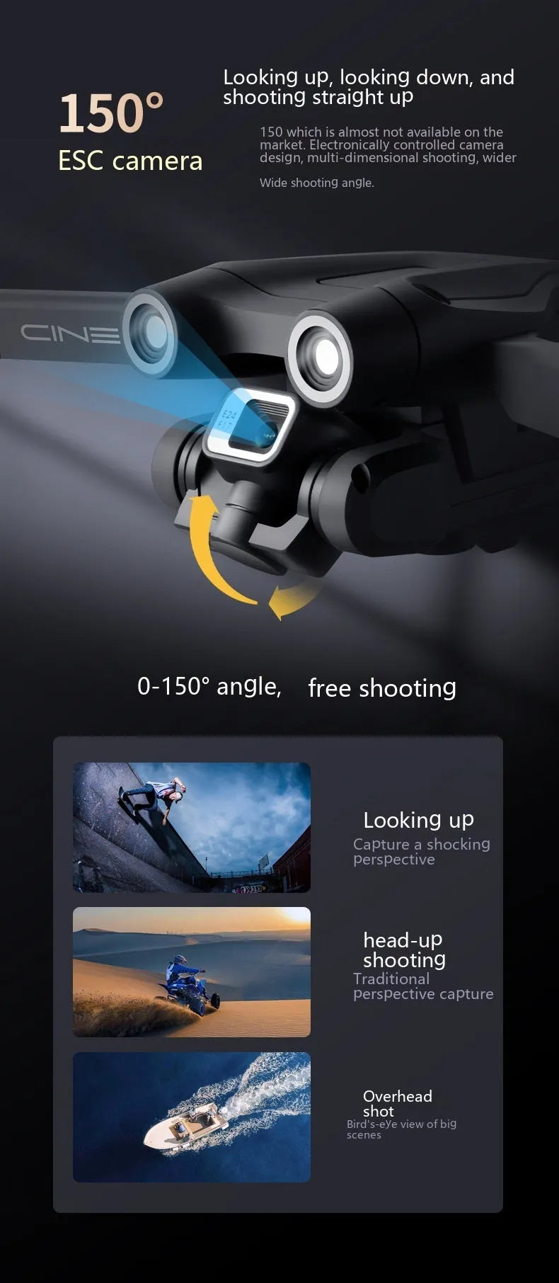 UAV optical flow dual camera drone with brushless motor in black plastic body