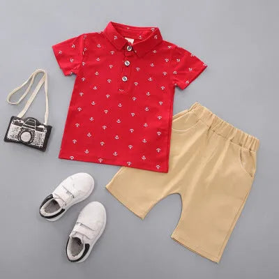 Anchor printed cotton children's trousers suit in Korean style with short sleeves