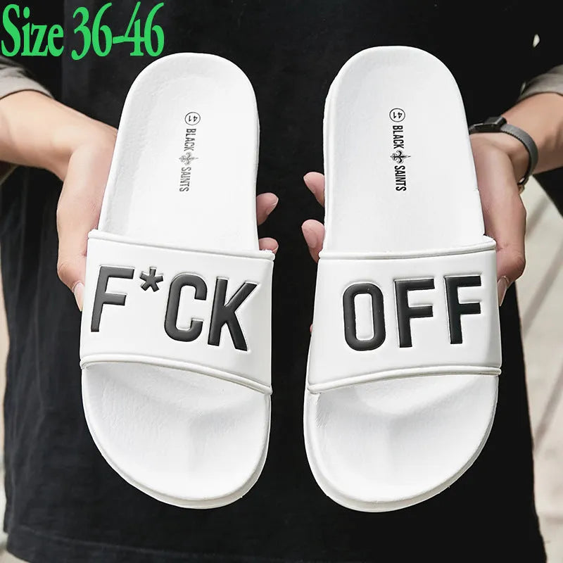 Men's large size open-toe slippers with a rubber sole, shown in black and white colour options.