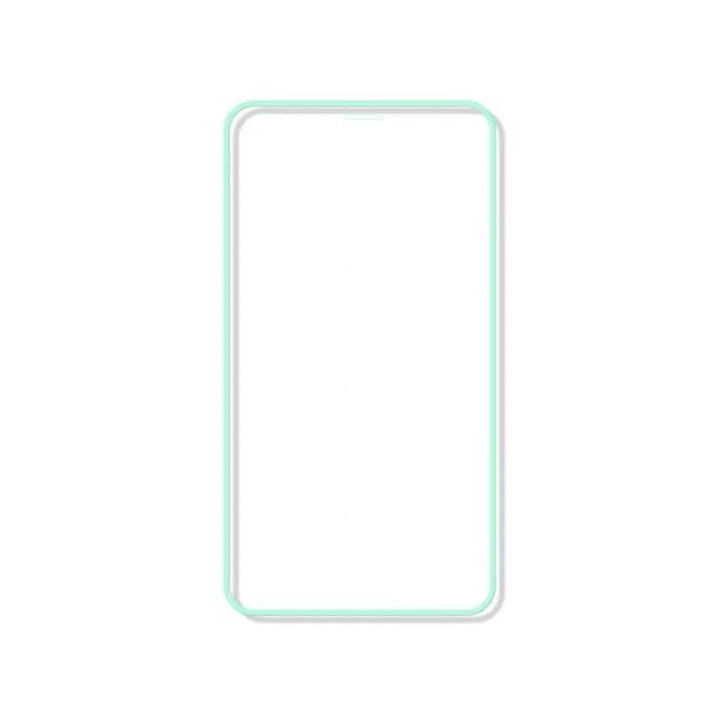 Luminous full cover tempered glass screen protector for iPhone glowing blue in the dark.