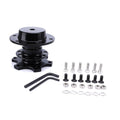 Car steering wheel quick release adapter device in black, red, blue, silver, and gold colour options.