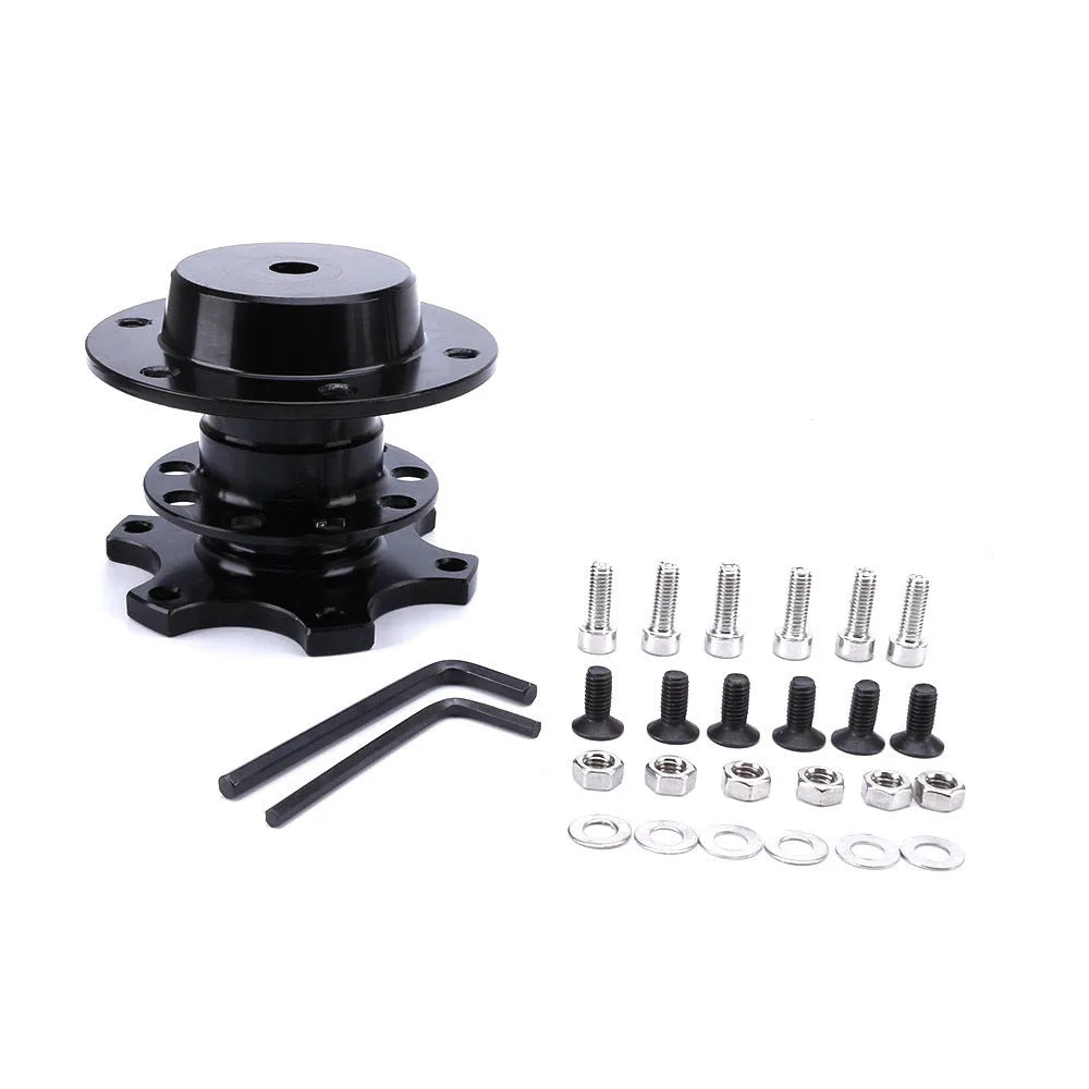 Car steering wheel quick release adapter device in black, red, blue, silver, and gold colour options.