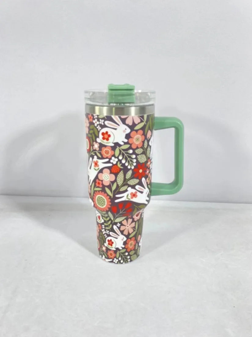 Christmas pattern stainless steel vacuum tumbler with handle, lid and straw showing 1200ml capacity measurements