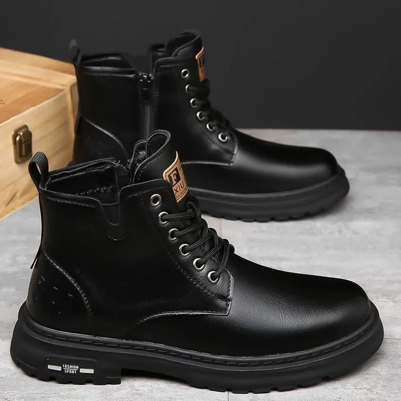 Men's black Martin lace-up boots with thick rubber sole and round toe on a neutral background.