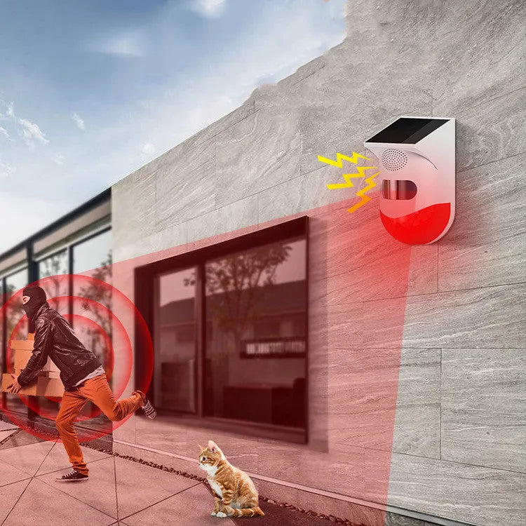 Solar-powered wireless infrared security alarm with remote control for outdoor installation
