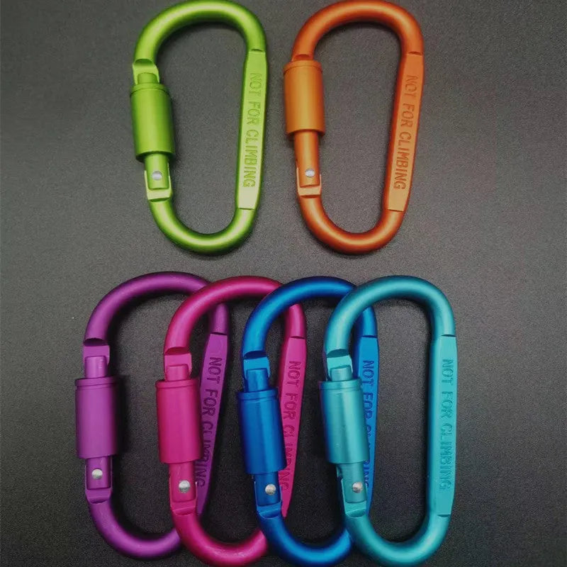 An 8cm aluminium D-type locking carabiner shown in silver, with the gate open.