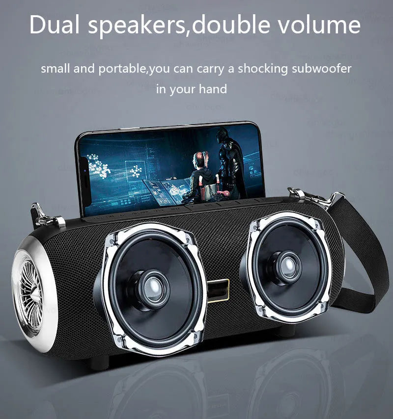 F666 Mini portable Bluetooth speaker in black, blue, camouflage or red with shoulder strap.