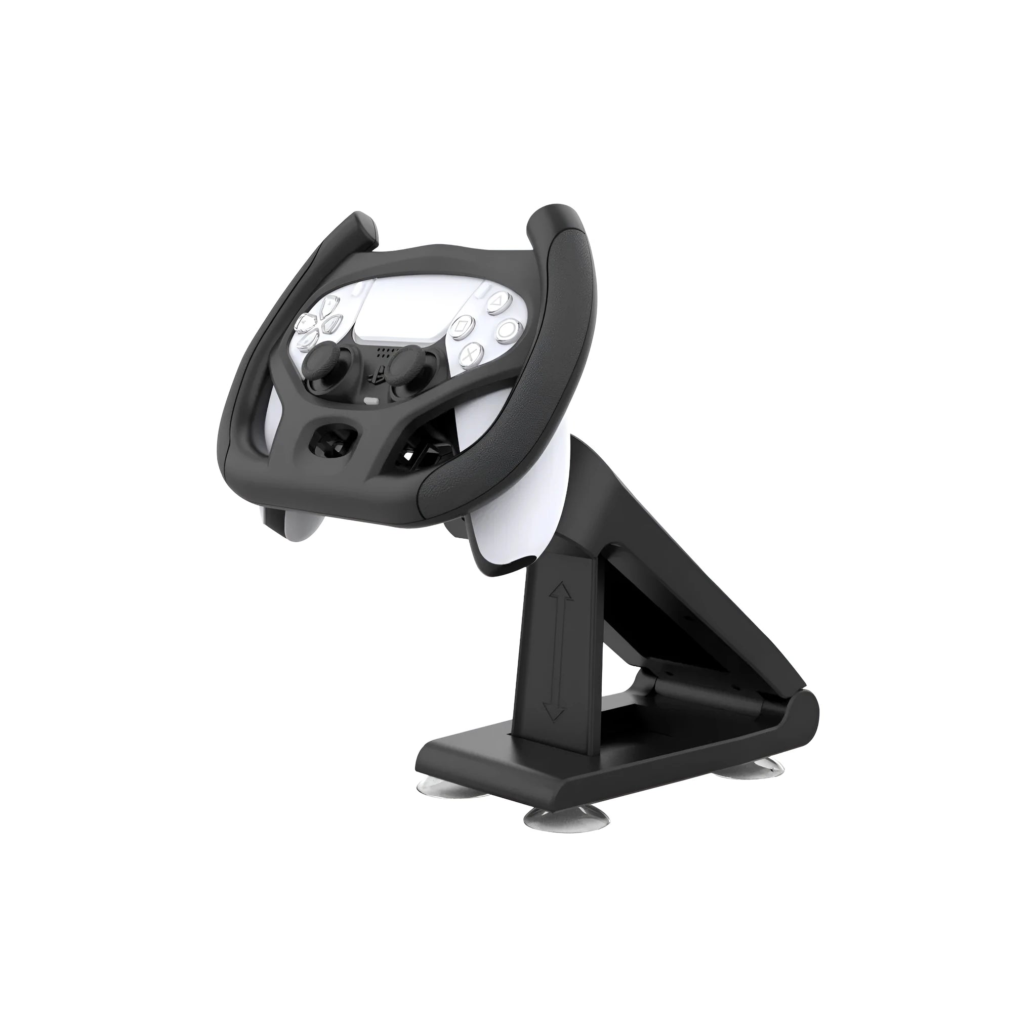 Black ABS plastic universal gamepad steering wheel bracket with a suction cup for mobile phones.