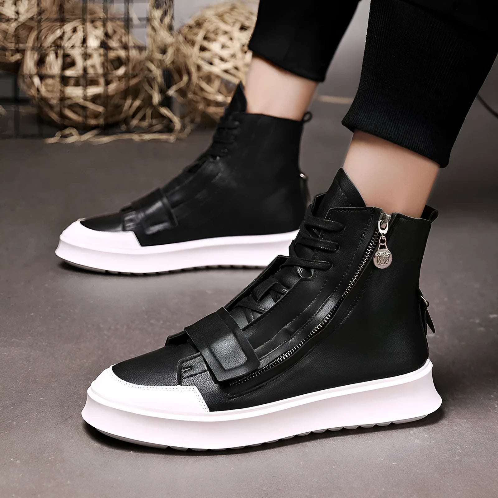 Men's black high-top ankle boot made of PU leather microfiber, shown on a white background.