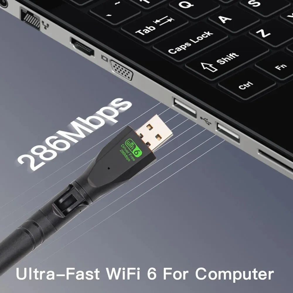 Black USB WiFi 6 wireless network adapter for desktop and laptop computers