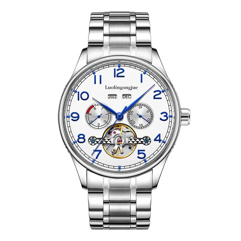 Men's stainless steel mechanical watch with hollow dial and leather strap.
